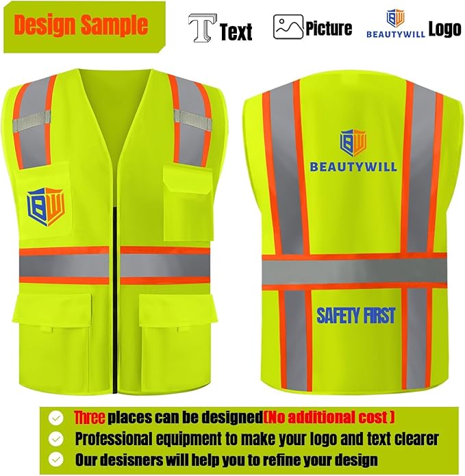 BeautyWill Custom Safety Vest Customized Logo Class 2 High Visibility Reflective Vest with Pockets Construction workwear