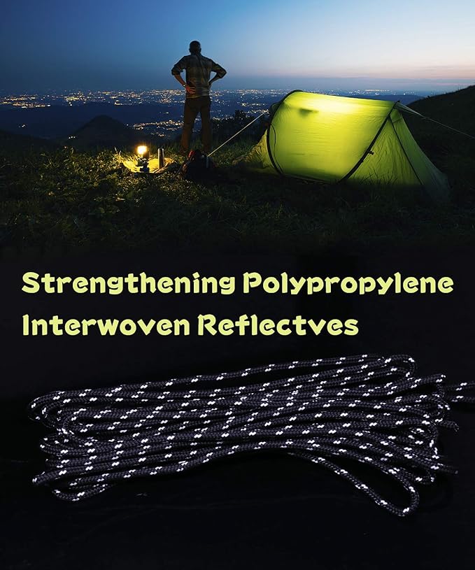 Hikeman 4 Pack Camping Rope with Locking Carabiner Clip,4mm Reflective Guy Lines with Triangular Guyline Adjuster Tensioner,Nylon Cord for Tent Tarp Tie Down,Hiking,Backpacking