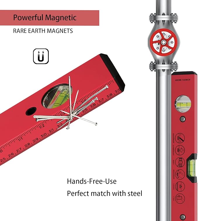 BETHEL Torpedo Level, 16" Magnetic Torpedo Spirit Level Tool with 3 Vials, 45°/90°/180°Degrees, Aluminum Shockproof Bubble Level, High Visibility Red Durable Measuring Leveler