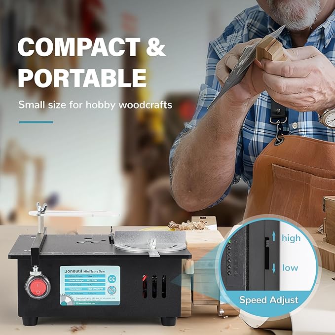 Mini Table Saw-96W Dual Motor 12MM Cut Depth, 0-90° Angle Adjustment 4 Blades Set & Compact for Wood Crafts, PCB, Acrylic DIY Hobby Saws