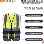 A-SAFETY High Visibility Mesh Safety Reflective Vest with Pockets and Zipper,Hi Vis Viz Reflective Safety Vest(Yellow&Navy Mesh XL)