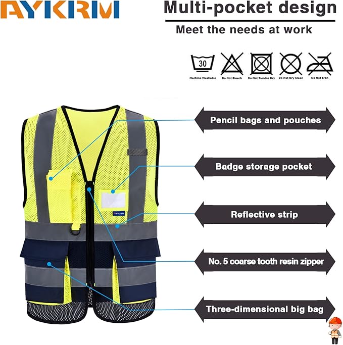 A-SAFETY High Visibility Mesh Safety Reflective Vest with Pockets and Zipper,Hi Vis Viz Reflective Safety Vest(Yellow&Navy Mesh XL)