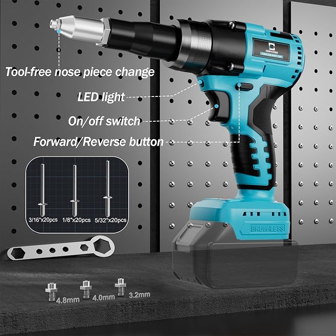 Rivet Gun Compatible with Makita 18V Battery,Cordless Riveters Tool,Brushless Rivet with 3 Size(1/8", 5/32", 3/16") Aluminum Rivets & LED Light for Construction,Metalworking