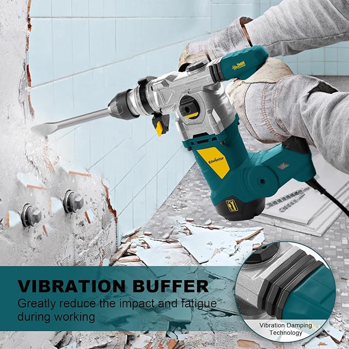 Enventor 1-1/4 Inch SDS-Plus 13A Heavy Duty Rotary Hammer Drill for Concrete Stone, Safety Clutch Electric Demolition Hammer Drill with 4 Functions, Vibration Control, Chisels, Drill Bits, Blue