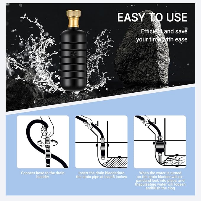 Drain Cleaning Bladder- Fits 1" to 2" Pipes, 3/4" Hose Thread Valve,Ideal for Sinks, Showers, Tubs & Sewer Lines, Rubber, Easy Daily Use, Cold Water Only (3Pc)