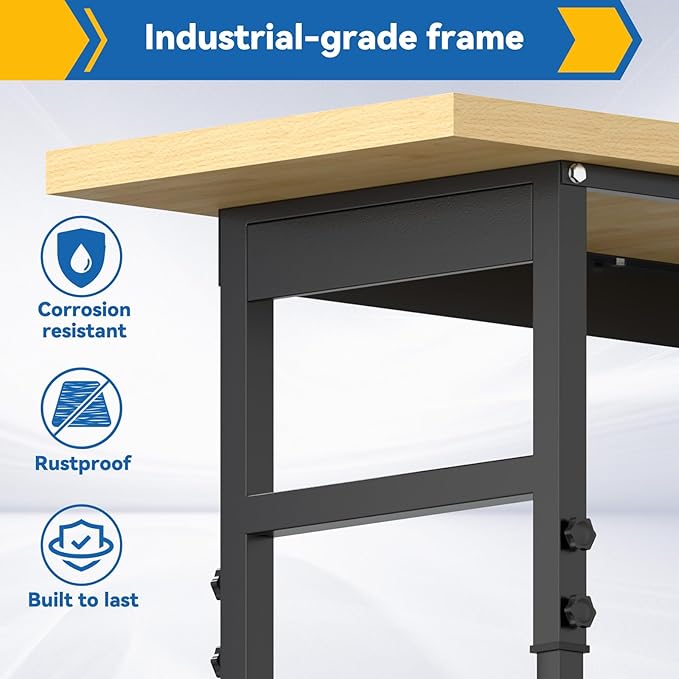 48'' Adjustable Workbench, Solid Wood Work Bench Table, Metal Tool Bench Work Bench with Power Outlet, Heavy Duty Large Load Capacity Garage Workbench Workshop Table for Workshop,Office,Home