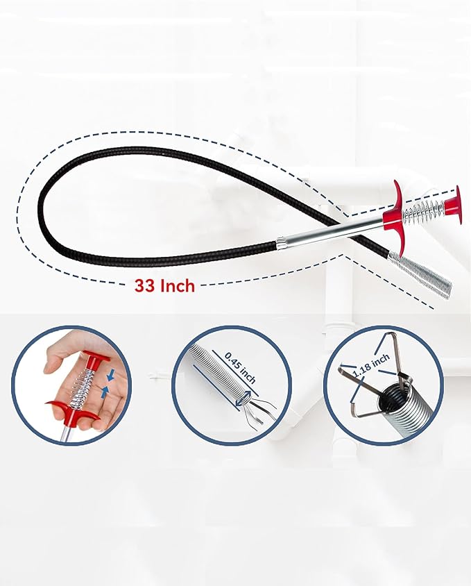 Drain Snake,33 inch Flexible Claw Grabber Tool,Drain Clog Remover - Snake Drain Hair Removal Tool for Home Sink, Bathroom Tub,Drain, Toilet, Tight Spaces