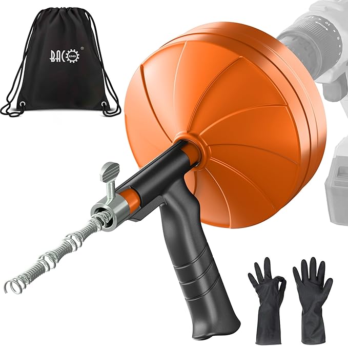 BACOENG 33Ft Drain Auger, Heavy Duty Plumbing Snake with Drill Adapter, Use Manually or Powered for Drain Clog, Shower Sink, Comes with Gloves and Bag (Orange)