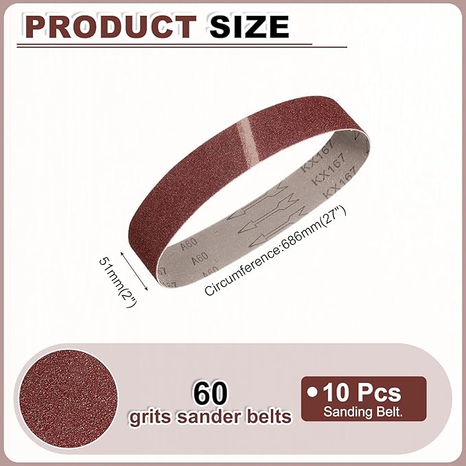 HARFINGTON 2 x 27 Inch Sanding Belts, 10 Pcs 60 Grits Aluminum Oxide Abrasive Belt Sander File Belt for Woodworking, Metal Polishing, Knife Sharpener
