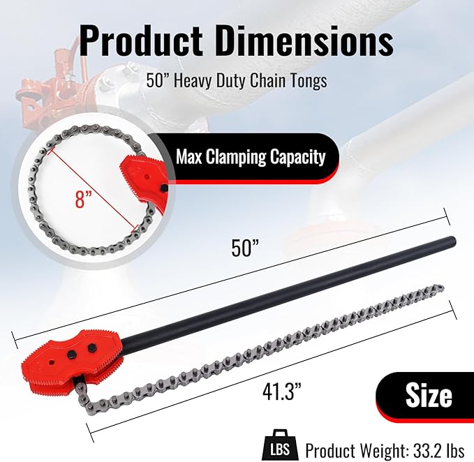 YHK Chain Pipe Wrench, 50” Heavy Duty Chain Tongs with 41.3" Chain Length, Heavy-Duty Chain Wrench for Pipe Installation, Repair, and Maintenance, Fit for 1-1/2"-8" Pipe Diameters