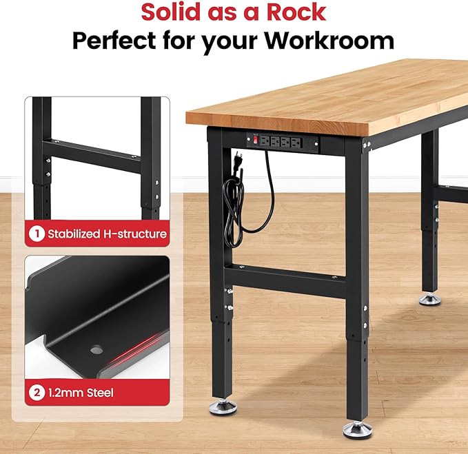 Work Bench for Garage Workbench Adjustable Height Work Table with Pegboard for Shop Woodworking, 60 x 22 Heavy Duty Rubber Wood Top for Office, Home, Commercial