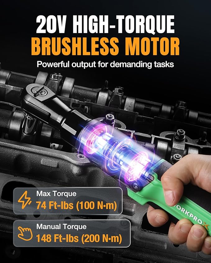 WORKPROX Electric Ratchet Wrench 1/2" Set, 20V Cordless Ratchet Wrench Kit, 74Ft-lbs, 250RPM, Battery Powered Ratchet with LED Light, 2-Pack 2000mAh Batteries, 7 Sockets & 3" Extension Bar
