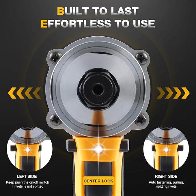 Cordless Rivet Gun Electric Compatible with Dewalt 20V Max Battery, Brushless Cordless Rivet Tool Kit, Pop Rivet Gun with 3 Size (1/8", 5/32", 3/16") Rivets & Rivet Head, Led Light (Tool Only)