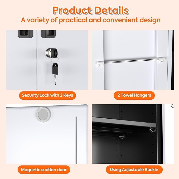 71" H Broom Closet Storage Cabinet with Wheels,Rolling Tool Cabinet with Lockable and Magnetic Doors,Adjustable Shelves and Pegboard for Garage Warehouse Home,Required Assembly,Black and White