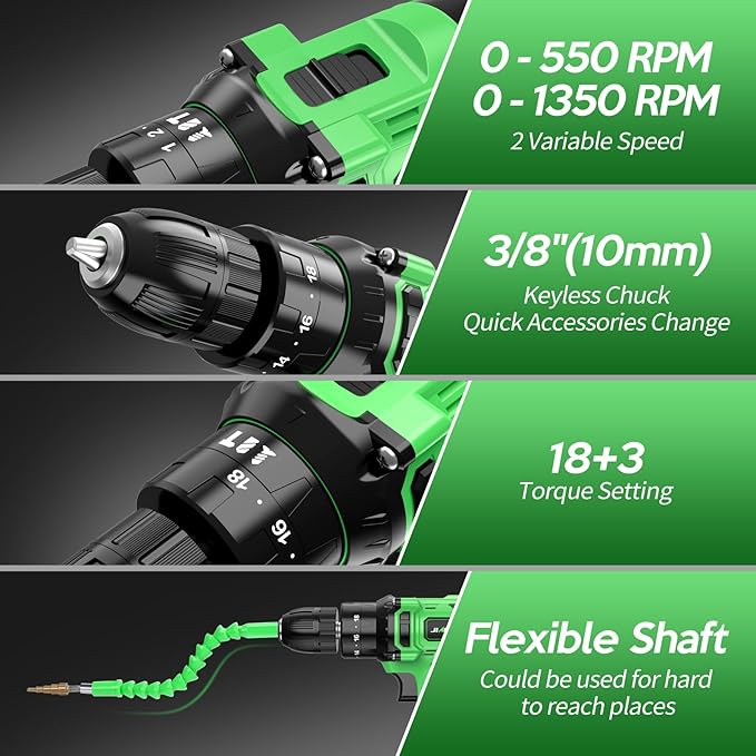 20V Cordless Drill, Electric Power Drill Set with Battery Charger, 3/8” Keyless Chuck, 2 Variable Speed, 18+3 Torque, 72pcs Driver Bits and Belt Hook, Green
