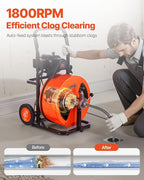 VEVOR 100FT x 3/4 Inch Drain Cleaning Machine Sewer Auger Auto Feed with 4 Cutter & Air-activated Foot Switch for 4" to 8" Pipes, Orange, Black