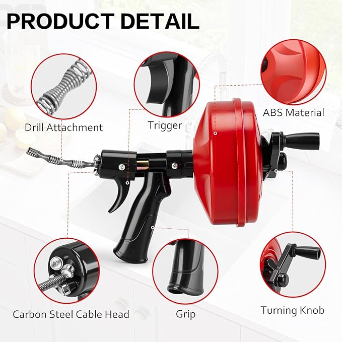 Upgrade Plumbing Snake Drain Auger,25 FT Automatic Retract Drain Snake with Dual Mode,Professinal Drain Clog Remover,Flexible Snake Drain Hair Remover Tool for Bathroom Shower Sink Kitchen