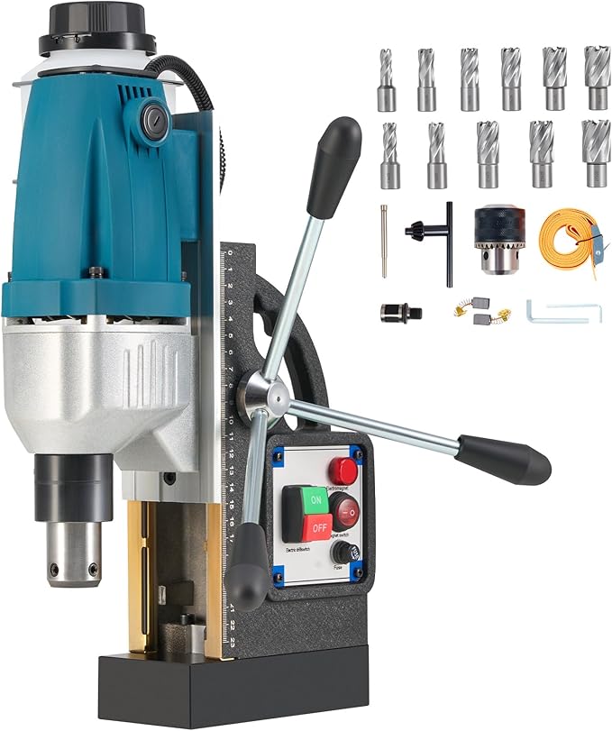 ZELCAN 1100W Mag Drill Press, Portable Magnetic Drill Press with 1.6" Boring Diameter, Heavy Duty Magnetic Drill with 11 Drill Bits, 2700 lbf 550 rpm Electric Drilling Machine with All-Copper Motor