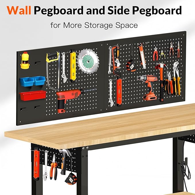 Adjustable Height Work Bench 60×22 Workbench for Garage with Under Table Shelf Heavy Duty Rubber Wood Work Table for Shop Woodworking, Office, Home, Commercial