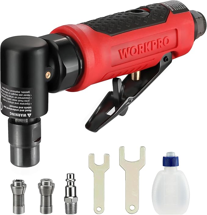 WORKPRO Air Angle Die Grinder, 1/4-Inch Pneumatic Right Angle Die Grinder, 20000RPM, Air-Powered 90 Degree for Grinding, Cutting, Polishing, Welding Repair, Deburring, 1/4" & 1/8" Collets Included