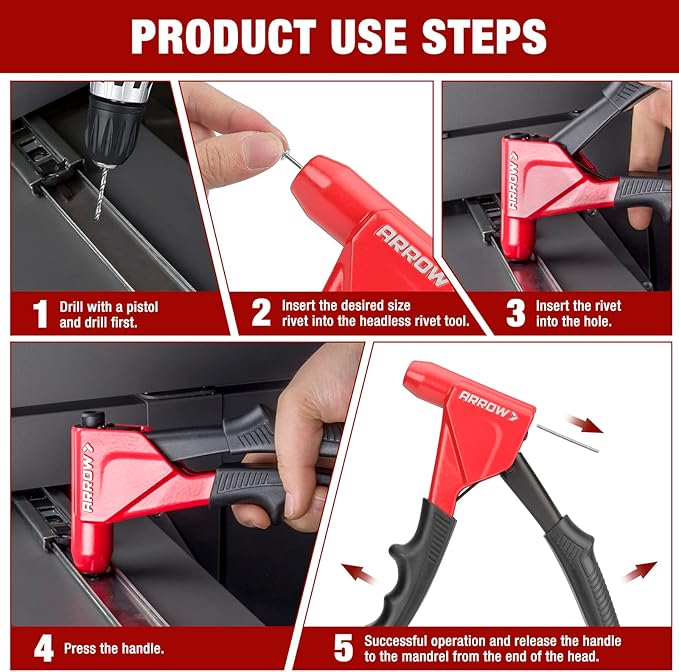 Arrow 3-in-1 Rivet Gun, One-Handed Headless Pop Rivet Gun Kit with 150Pcs Rivets, Professional Manual Heavy Duty Rivet Gun Kit Without Head Change, for Metal, Wood and Plastic