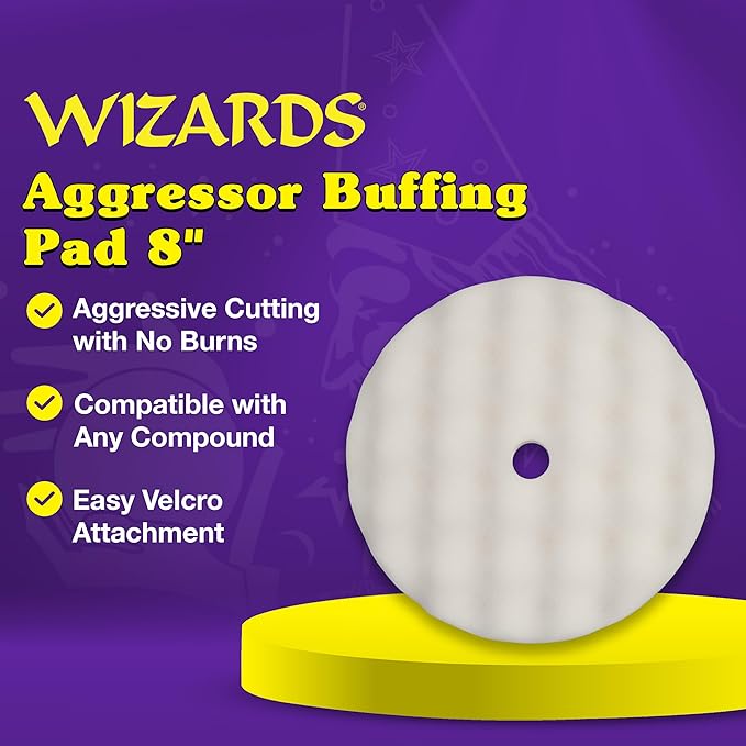 Wizards Aggressor Buffing Pad - Aggressive Cutting Action - Cuts with No Burns - Works with All Kinds of Compounds - Easy to Attach and Velcro Backed Buffing Pad - 8" x 1.75"