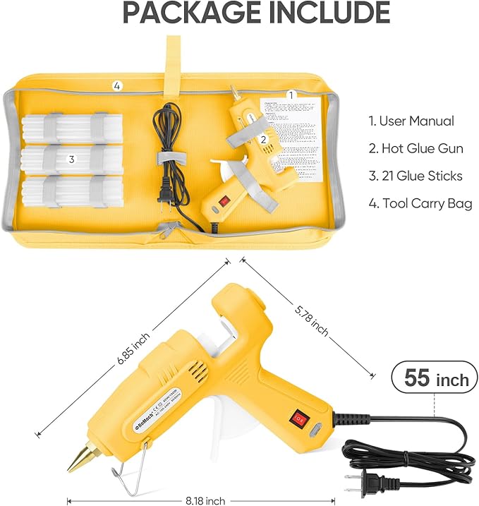 ROMECH Full Size Hot Glue Gun with 60/100W Dual Power and 21 Hot Glue Sticks (7/16"), Fast Preheating Heavy Duty Industrial Gluegun with Storage Case for Crafting, DIY and Repairs (Yellow)