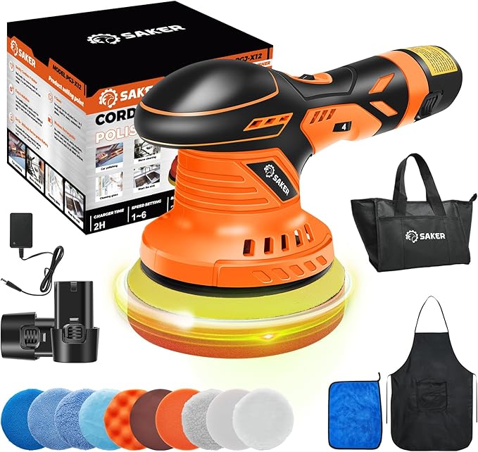 Saker Cordless Buffer Polisher, 6 Inch Fast Charging Portable Car Polishing Kit with 2PCS 12V 2000mAh Batteries, Polisher for Car Detailing Polishing Waxing