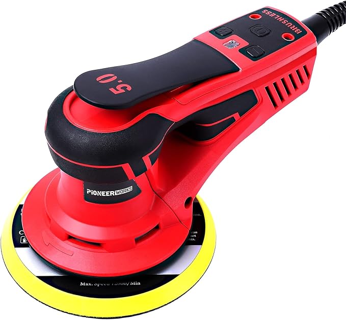 Electric Random Orbital Sander,PioneerWorks Brushless Motor,Powerful 350W & Low Vibration Palm Sander,10000 RPM Variable Speed,6-Inch For Woodworking, Polishing,Carpentry