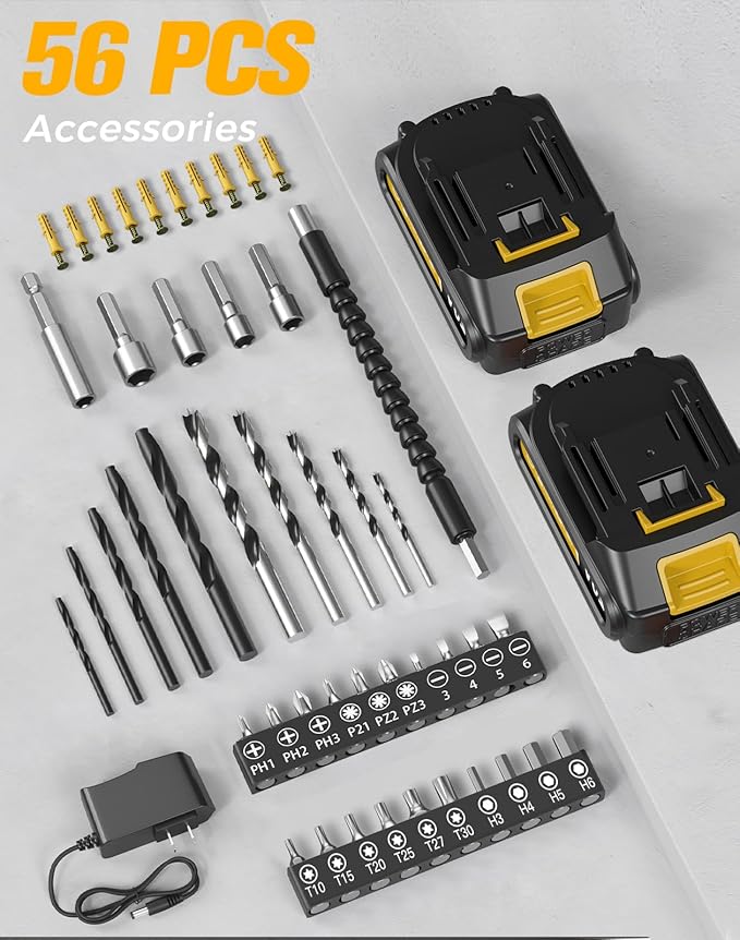 Cordless Drill, 20V MAX Power Drill Set with Dual Power Pack & Charger, 3/8 Inch Keyless Chuck, Variable Speed, 25+1 Position and 56PCS Bits/Screws, Power Tools for Home Projects