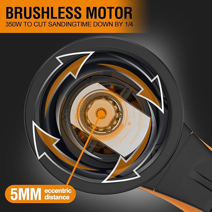 MAXXT Electric 5mm Random Orbital Sander, Palm Sander with Brushless Motor, 5&6Inch Sanding Pads, Central Vacuum, Sanders for Woodworking, Primary Wood and Panel Processing(Orange)