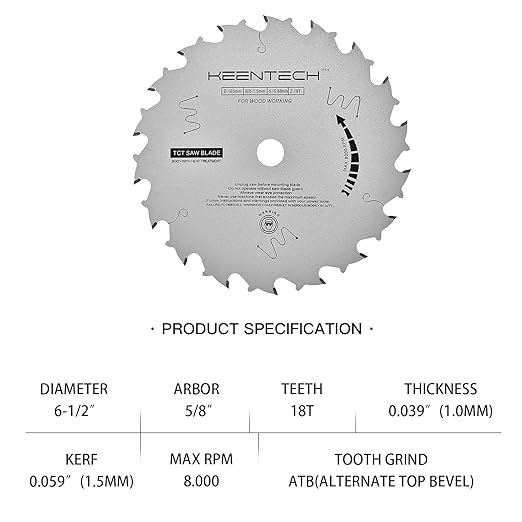 KEENTECH 6-1/2 Inch Woodworking Circular Saw Blade 18T, Non-Stick Coating, Tungsten Carbide Tipped, ATAF Grind, 5/8 Inch Arbor Hole