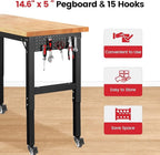 Work Bench with Wheels 48 x 20 Inch Heavy Duty Rubberwood Tabletop Garage Workbench Adjustable Height Work Table with Pegboard, Power Outlets for Woodworking Shop, Home, Office