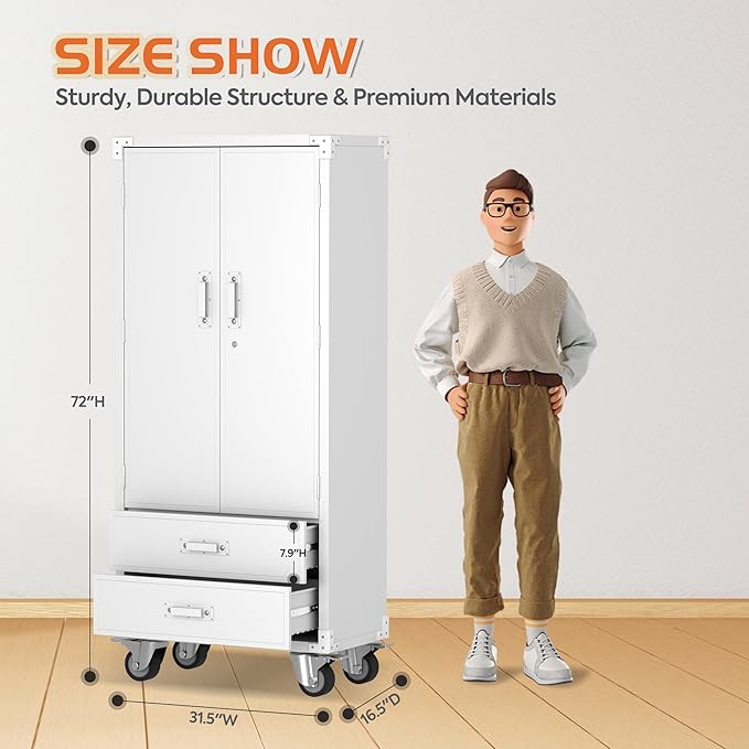Rolling Storage Cabinet with 2 Doors and 2 Drawers, Heavy Duty Metal Storage Cabinet with Shelves, Locking Steel Cabinet for Warehouse, Home, Office (White)