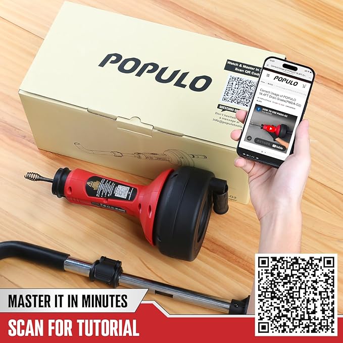 POPULO 16.5FT Toilet Snake Auger, Auto Feed Upgraded Drain Snake, Plumbing Toilet Hair Drain Clog Remover with Extension Tube for Toilet, Shower, Bathtub, Kitchen, Sink