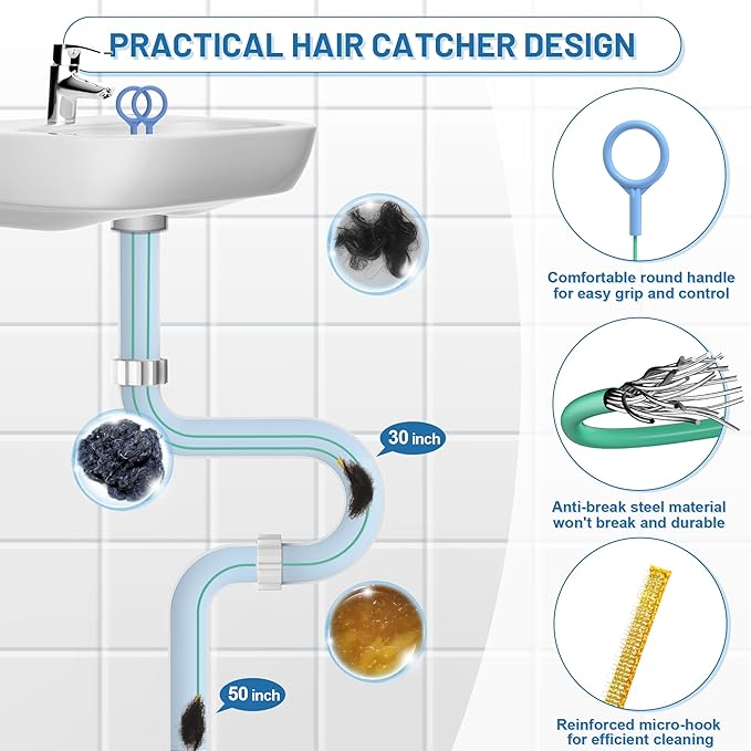 12 Pack Snake Drain Hair Removal Tools, 35.5" Drain Clog Remover, 30" & 50" Steel Shower Snake, 30" Nylon Sink Snake, 59" Sink Unclogger Tool, Sink Cleaner Tool for Toilet, Bathroom, Shower, Kitchen