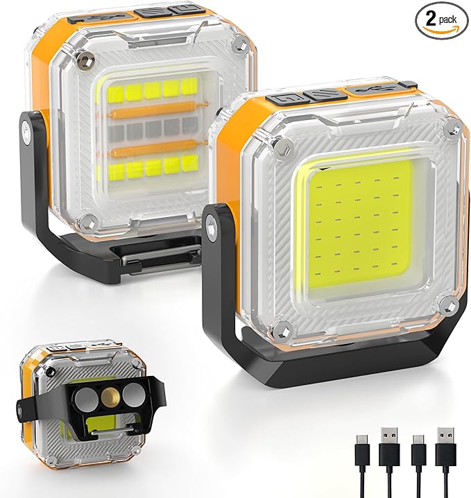Rechargeable Work Light, 2Pack 1200LM Double-Sided Portable Work Lights with 8 Modes, Magnetic Inspection Light with 1/4" Tripod Mount, 360° Rotatable Stand for Car Repair, Garage, Emergency