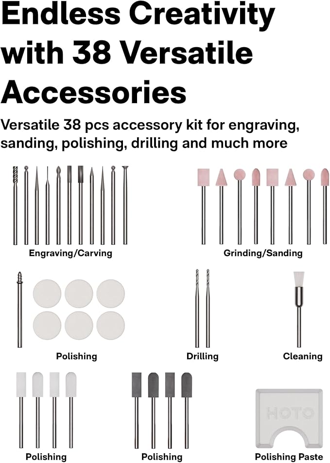 HOTO SNAPBLOQ™ R-A04 Mini Cordless Rotary Tool Kit 4V, Nex-gen Brushless Motor, 22000 RPM Variable Speed, 38 Accessories, Ideal for 3D Printer Sanding, Polishing, Drilling, Carving, DIY Crafts