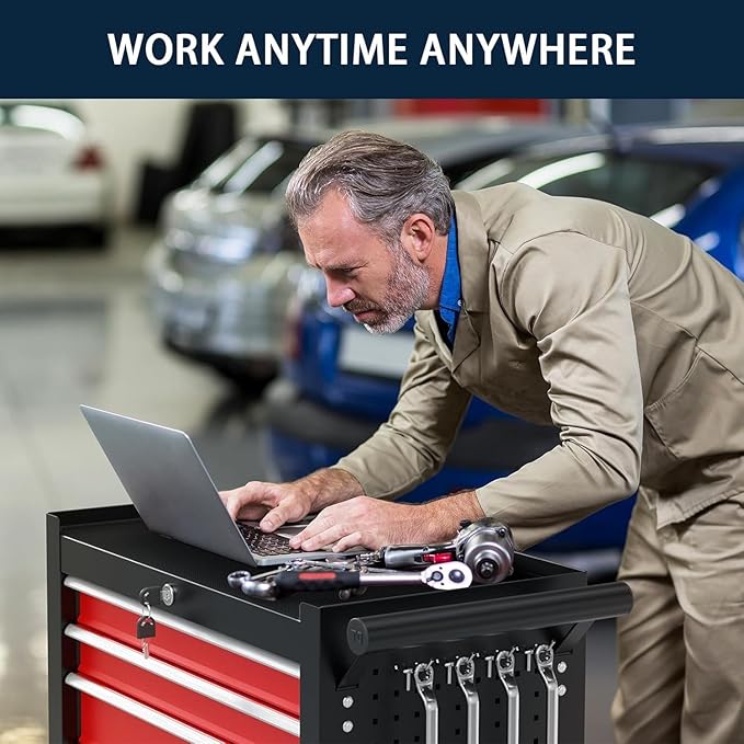 7-Drawer Metal Rolling Tool Chest with Wheels,Tool Storage Cabinet with Locking System，Toolbox with Wheels for Garage, Warehouse, Workshop, Repair Shop (Black&red, 7-Drawer)