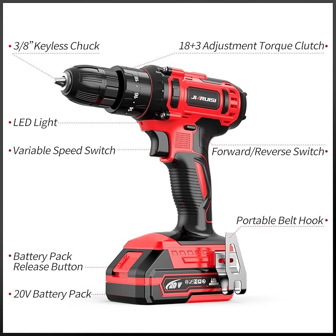 20V Cordless Drill, Electric Power Drill Set with Battery Charger, 3/8” Keyless Chuck, 2 Variable Speed, 18+3 Torque, 72pcs Driver Bits and Belt Hook, Red