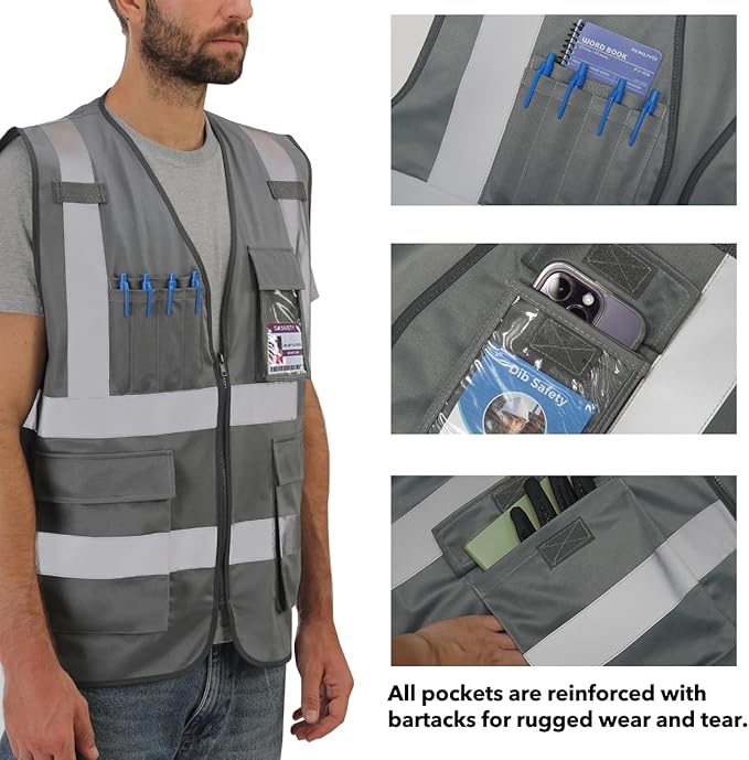 Dib Safety Reflective Vest High Visibility with Pockets and Zipper, Gray 3XL