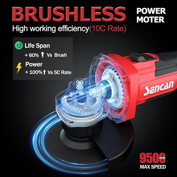 Cordless Angle Grinder, 20V Power Grinder with 4.0 Ah Battery, 9500 RPM Brushless Grinder Tool with 3 Variable Speeds for Metal Cutting, Griding, Polishing, 4 1/2 Inch