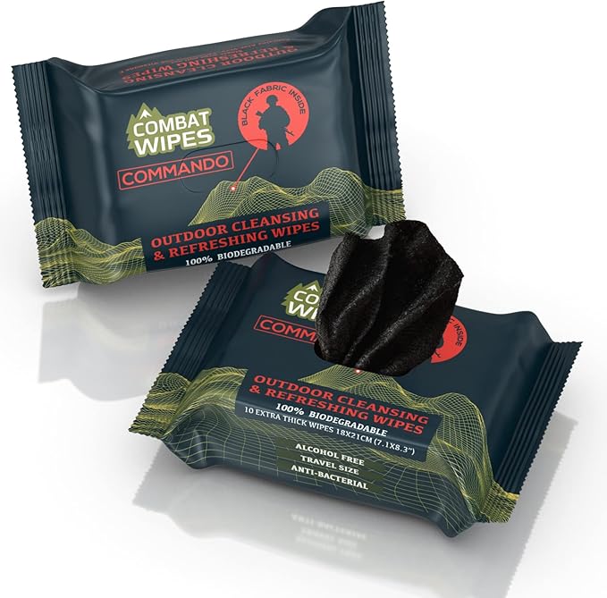 COMBAT WIPES Commando Black, Unscented Camouflage Wet Wipes | Thick, Ultralight, Biodegradable, Heavy Duty Cleansing Cloths for Camping, Military, Hunting & Backpacking (2 Pack)