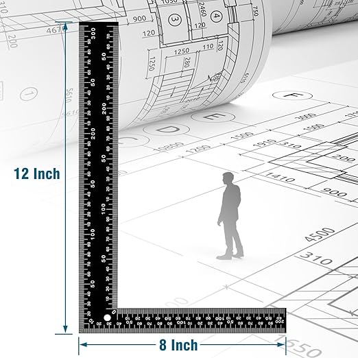 Professional 8x12 Inch Carpenter Square - Heavy-Duty Carbon Steel Framing Tool with Dual-Scale (Imperial/Metric), Rust-Resistant Right Angle Ruler for Carpentry, Roofing & Layouts