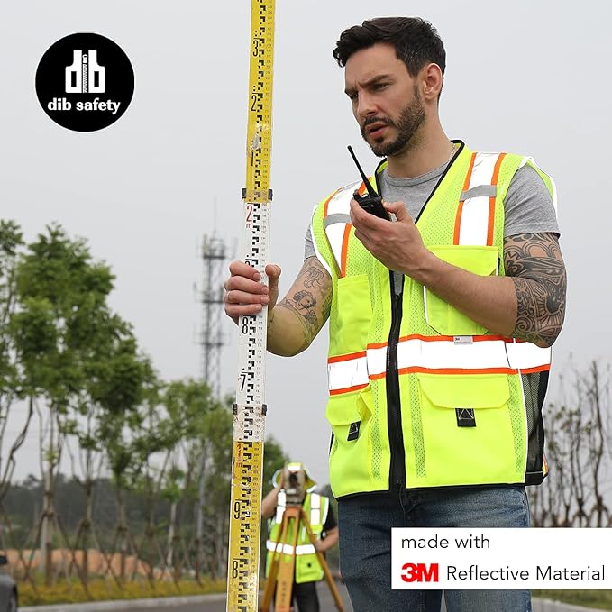 Dib Safety Vest Reflective Yellow Mesh, High Visibility Vest with Pockets and Zipper, ANSI Class 2 Heavy Duty, Made with 3M Reflective Tape M