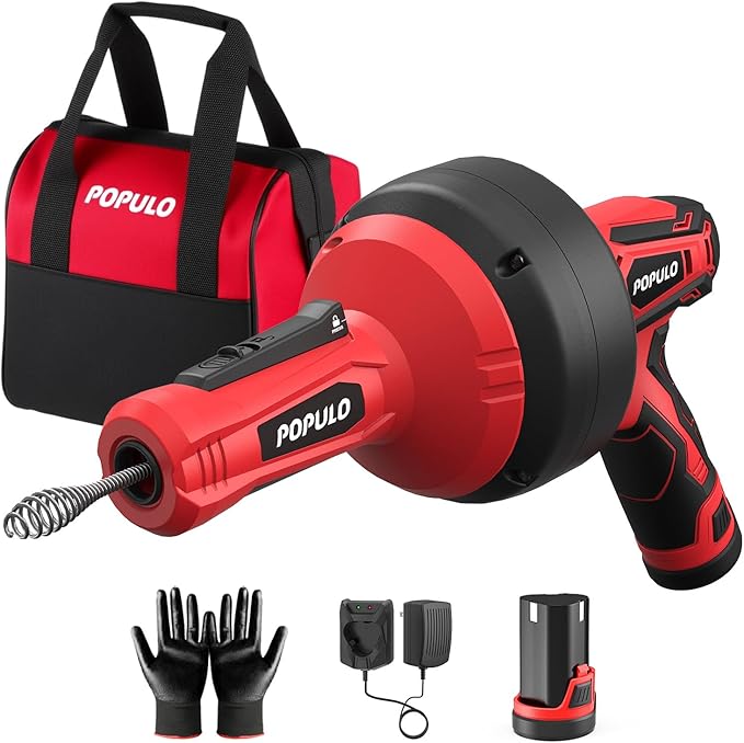 POPULO 12V Cordless Electric Drain Auger, Auto Feed Plumbing Snake Clog Remover for Unclog Sink Drain 3/4"-2" Pipe, Snake Hair Drain Clog Remover Cleaner Tools for Shower, Bathtub, Kitchen, Sink
