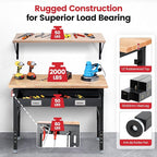 Workbench with Shelf Bracket 48 Inch Adjustable Height Work Bench for Garage Heavy Duty Rubberwood Tabletop Work Table with Drawer, Power Outlets for Woodworking, Home, Office, Workshop