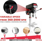 BUCKTOOL 12'' 6 Pole Motor Variable Speed Benchtop Drill Press 360–2000RPM, 3/4HP Powerful Bench Drill Press with Laser and Worklight, Low Speed Tabletop Drilling Machine for Metalworking, Woodworking