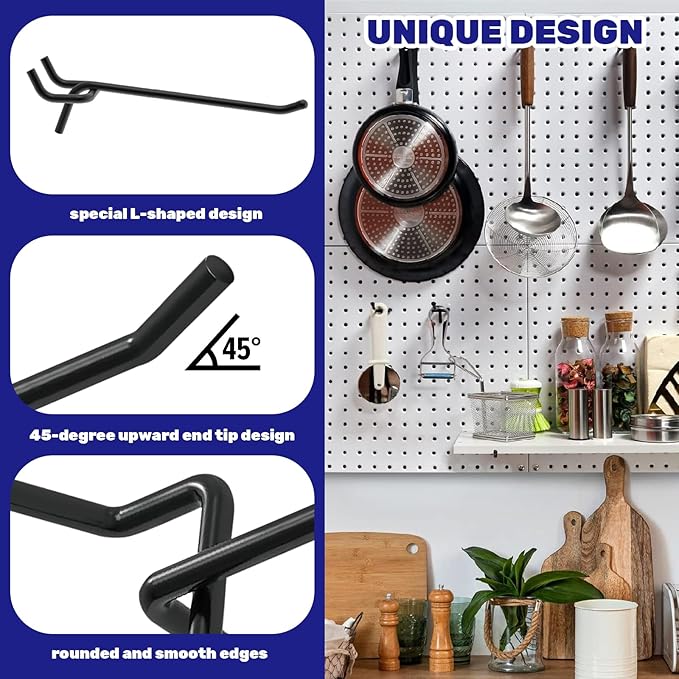 40Pcs 6" /150mm Stainless Steel Pegboard Display Hooks Bulk Set, Black Garage Organization Peg Wall Hook Metal Slatwall Panel Hook Fit 1/8 and 1/4 Inch Pegboard for Retail