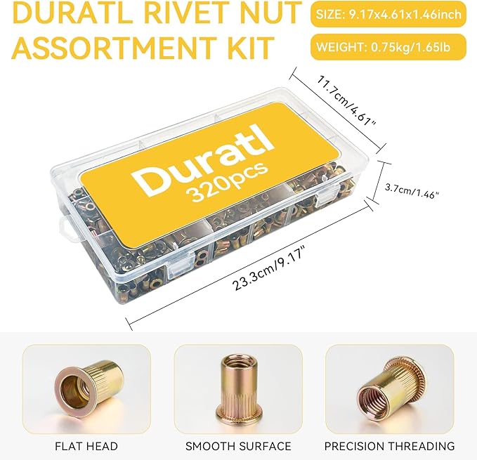 Rivet Nut Tool Kit, 320pcs SAE & Metric Rivet Nut Assortment Kit (M3-M6, #6-32, #8-32, #10-24 and 1/4-20), Carbon Steel Flat Head Threaded Insert for Automotive, Mechanical & Equipment Repairs